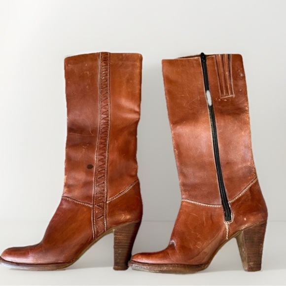imperial Shoes - 1970s Vintage Cognac Leather Tall Boots Stacked Heel Zip Size 7B